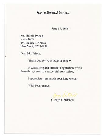 (PRINCE, HAROLD--THEATER.) Group of 10 letters or notes Signed, or Signed and Inscribed, to Harold Prince by performers or politicians.